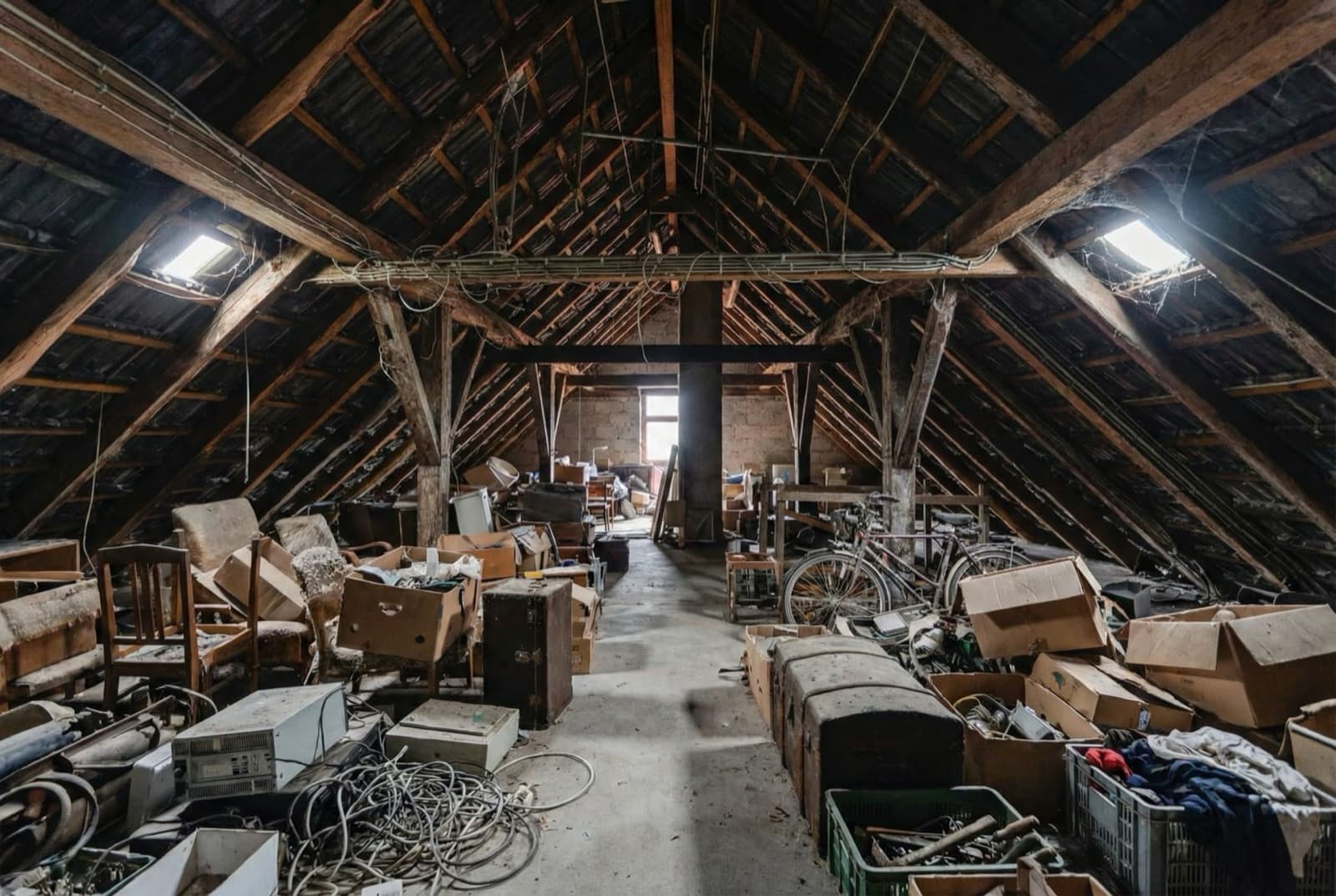 Voller Dachboden unter einem Holzdachstuhl vor der Räumung
